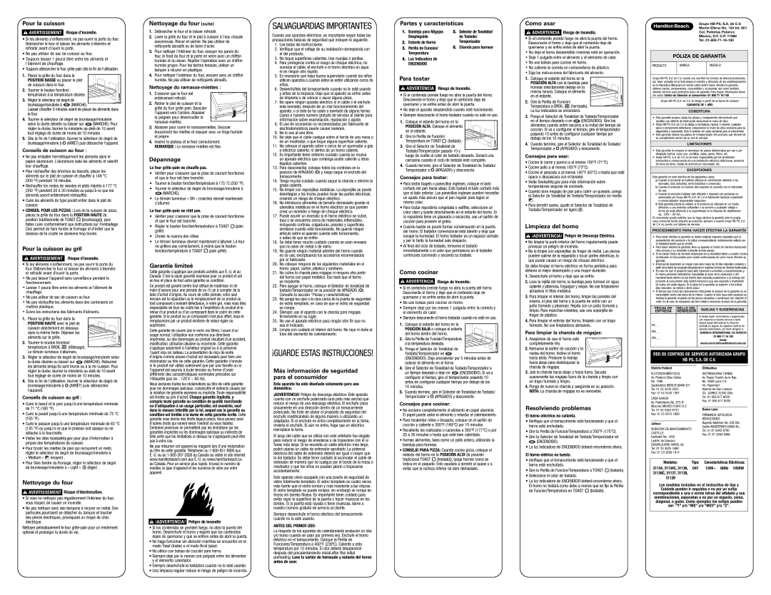 Hamilton Beach 31138 Pour la cuisson au gril, Nettoyage du four suite, Dépannage, Garantie limiteé, Para tostar 