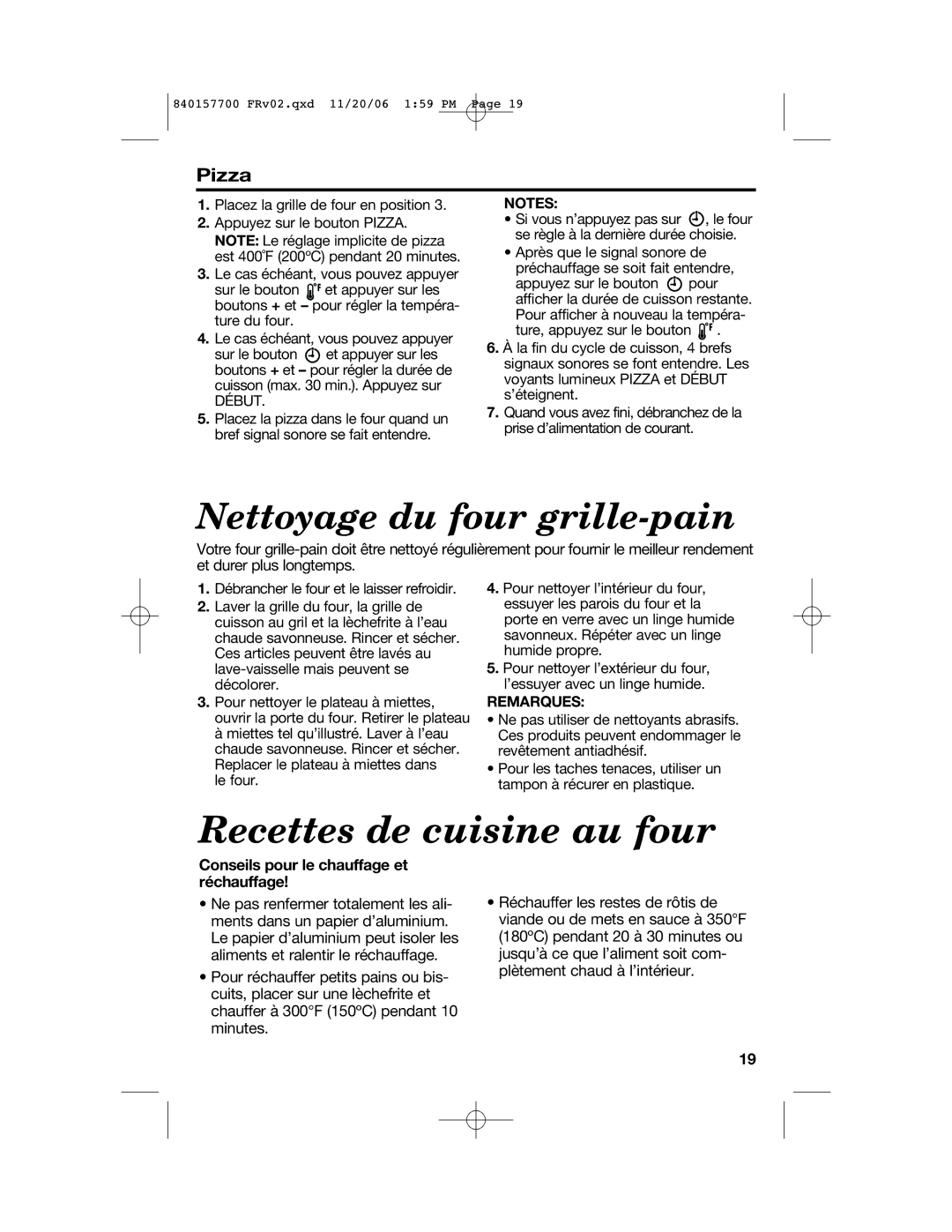 Hamilton Beach 31150C manual Recettes de cuisine au four, Remarques, Conseils pour le chauffage et réchauffage 