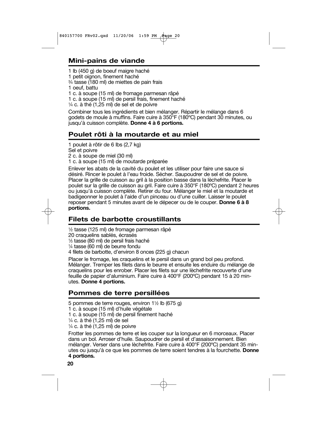 Hamilton Beach 31150C manual Mini-pains de viande, Poulet rôti à la moutarde et au miel, Filets de barbotte croustillants 
