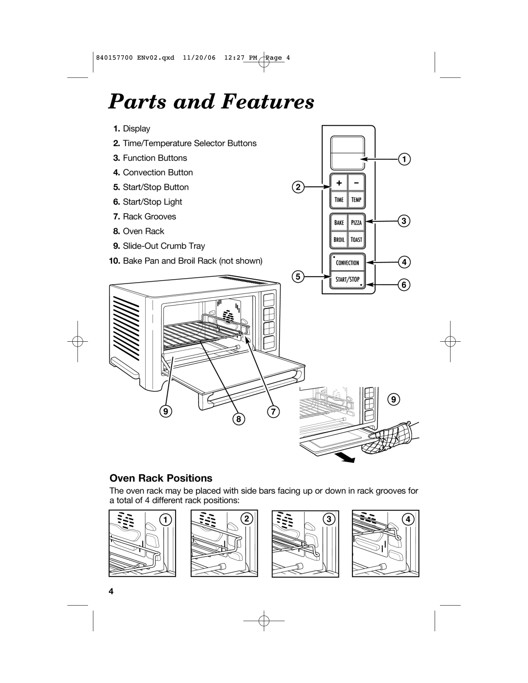 Hamilton Beach 31150C manual Parts and Features, Oven Rack Positions 