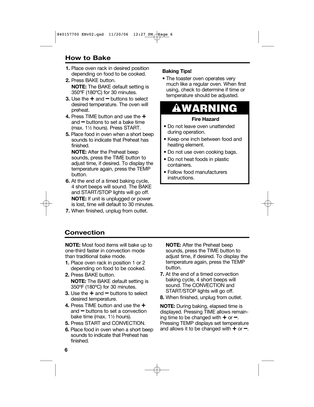 Hamilton Beach 31150C manual How to Bake, Convection, Baking Tips 