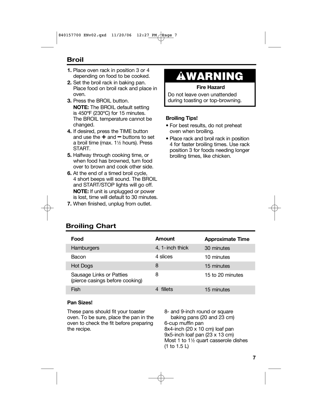 Hamilton Beach 31150C manual Broiling Chart, Broiling Tips, Food Amount Approximate Time, Pan Sizes 