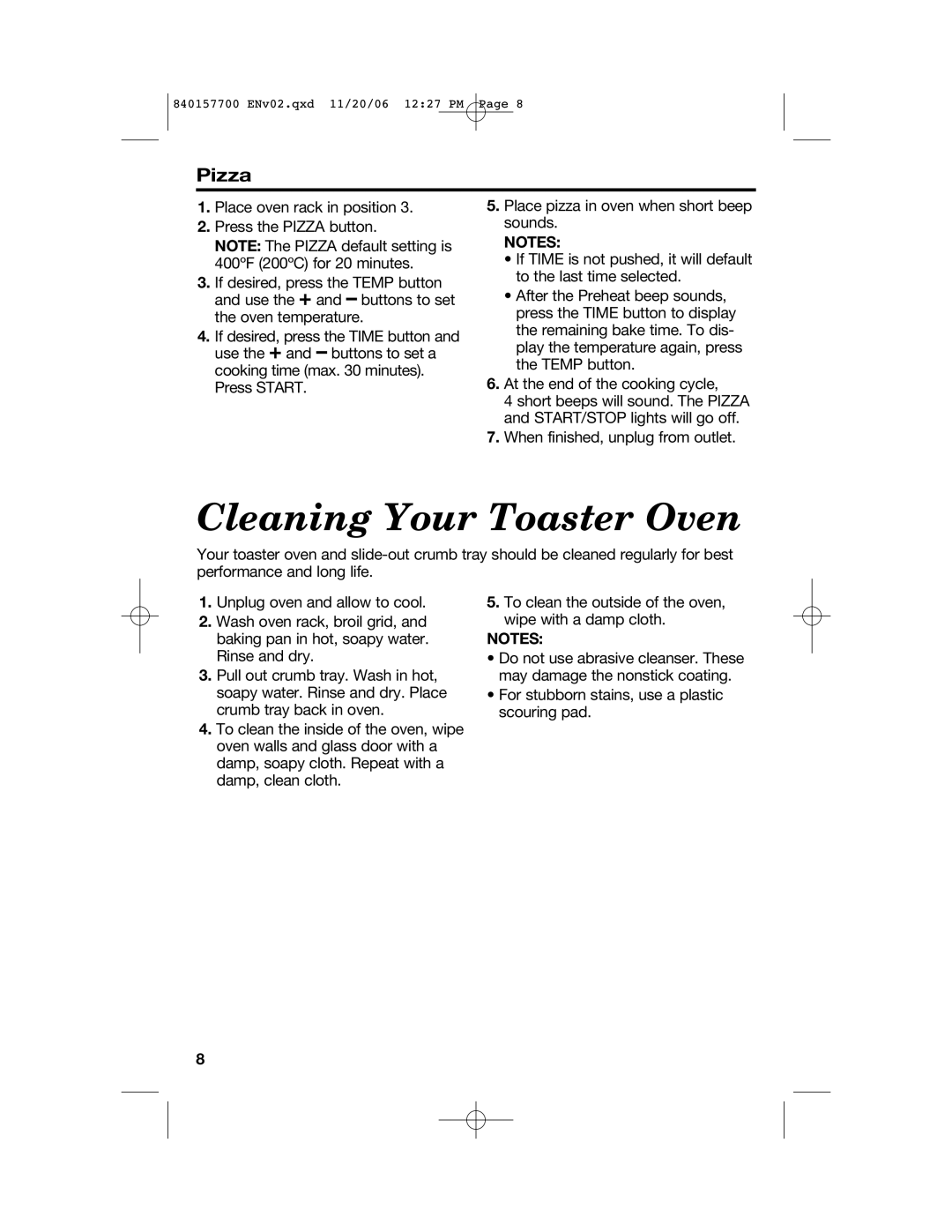 Hamilton Beach 31150C manual Cleaning Your Toaster Oven, Pizza 