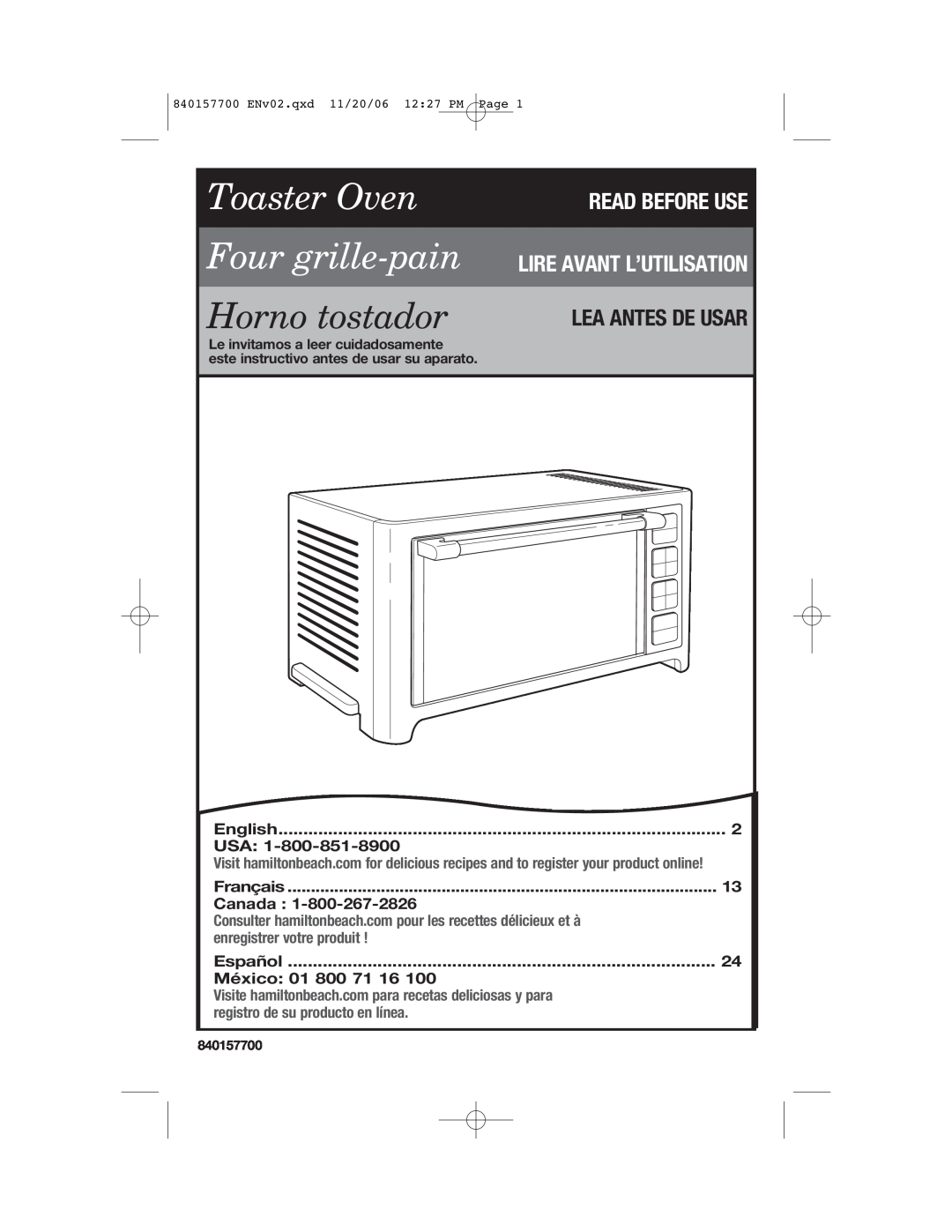 Hamilton Beach 31150C manual English, Usa, Français, Canada, Español, México 01, Toaster Oven Four grille-pain, 840157700 