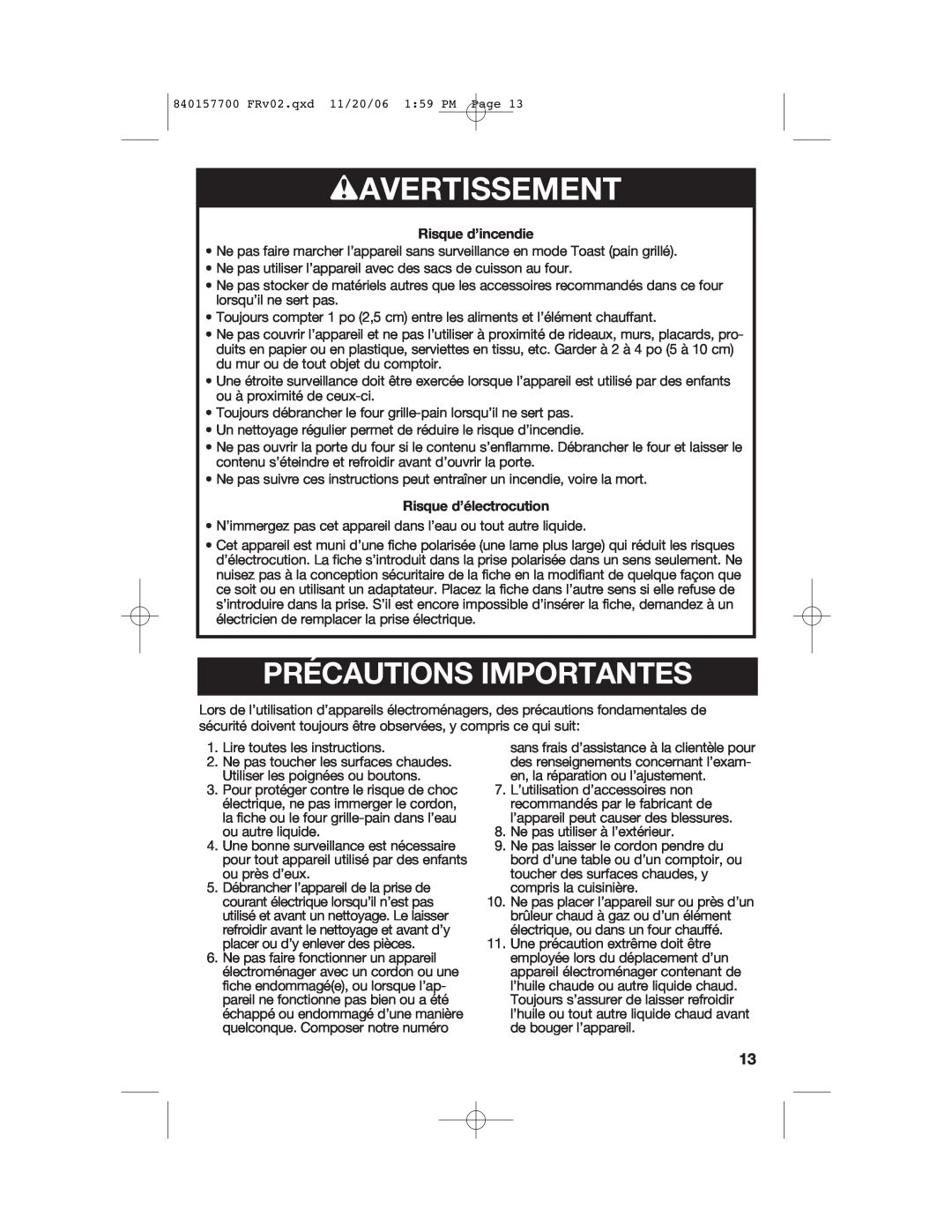 Hamilton Beach 31150C manual wAVERTISSEMENT, Précautions Importantes, Risque d’incendie, Risque d’électrocution 