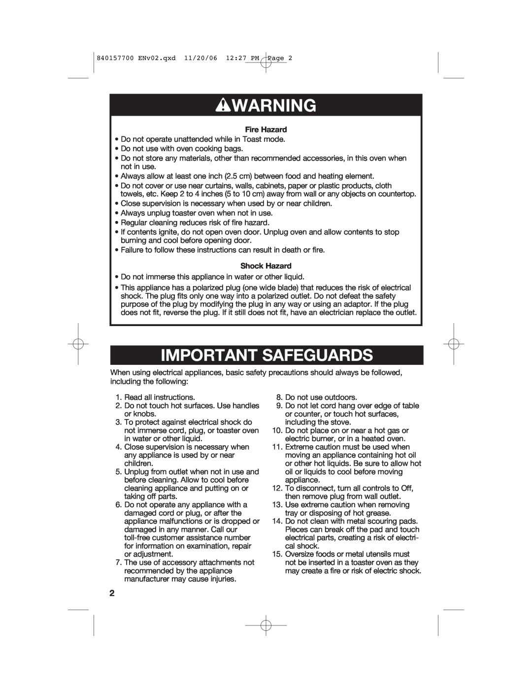Hamilton Beach 31150C manual wWARNING, Important Safeguards, Fire Hazard, Shock Hazard 
