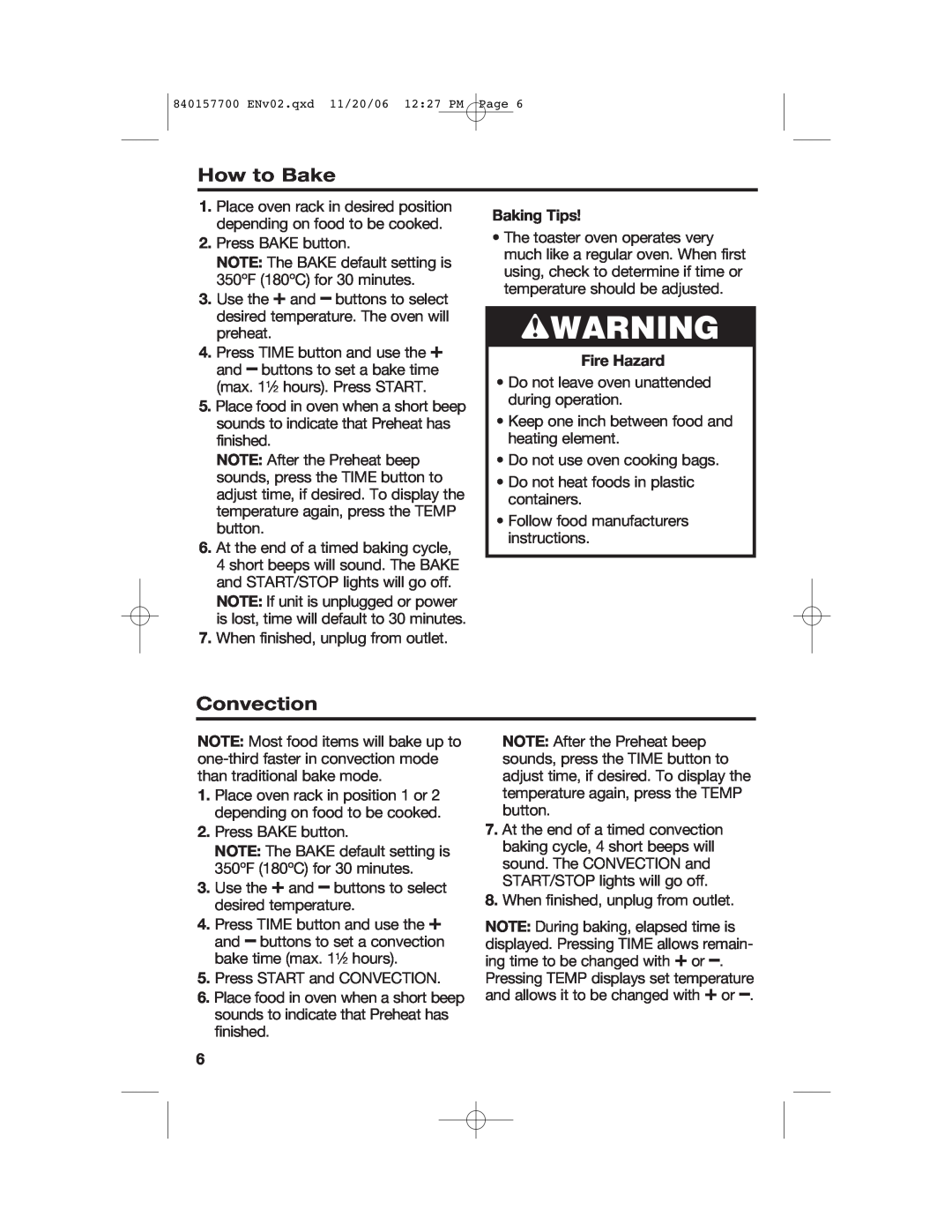 Hamilton Beach 31150C manual How to Bake, Convection, Baking Tips, wWARNING, Fire Hazard 