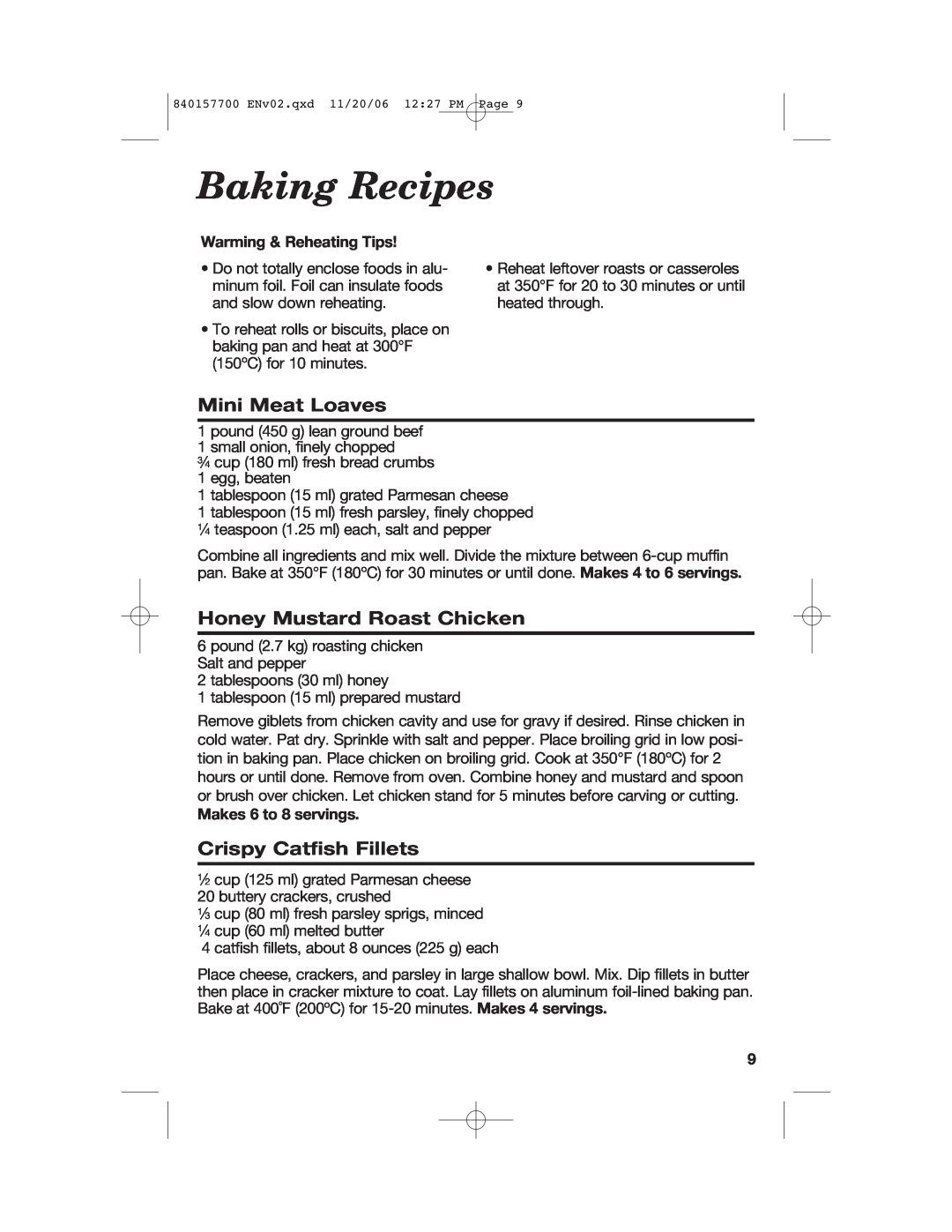 Hamilton Beach 31150C manual Baking Recipes, Mini Meat Loaves, Honey Mustard Roast Chicken, Crispy Catfish Fillets 