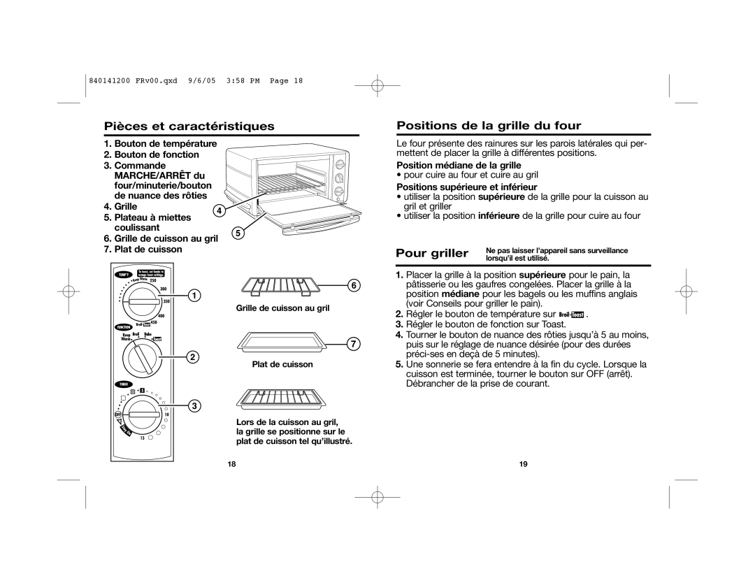 Hamilton Beach 31160 manual Pièces et caractéristiques, Positions de la grille du four, Pour griller 