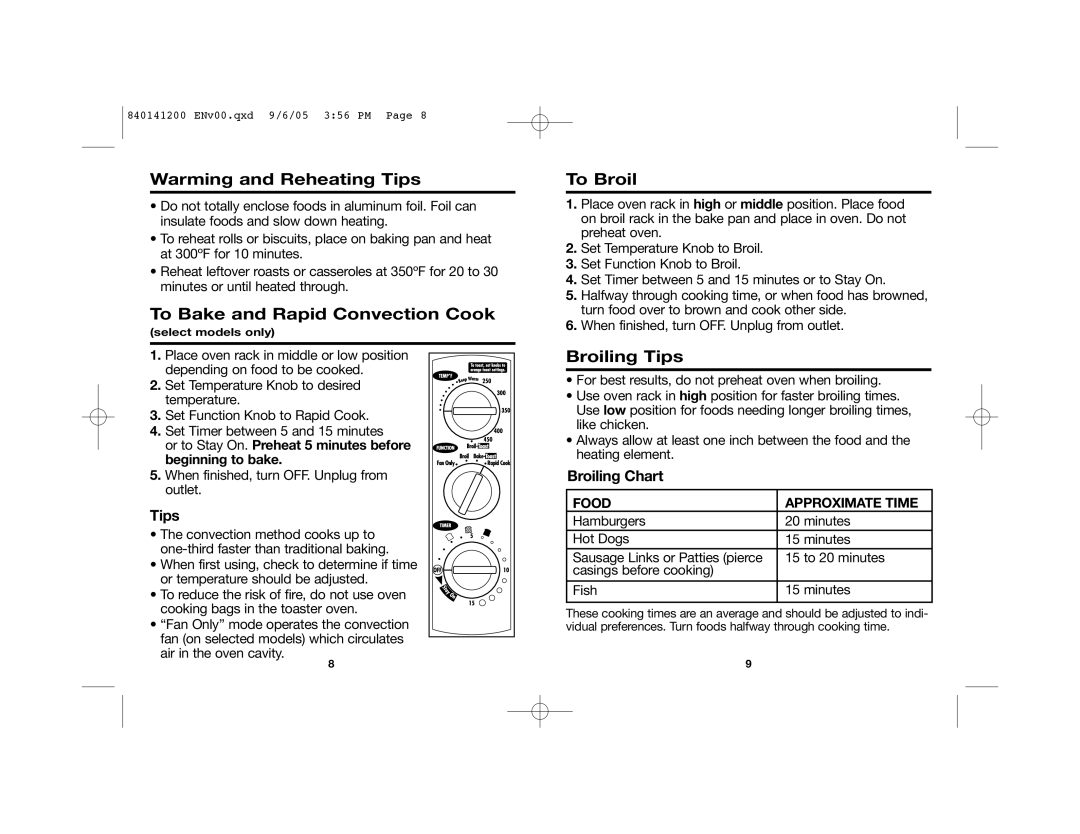 Hamilton Beach 31160 manual Warming and Reheating Tips, To Bake and Rapid Convection Cook, To Broil, Broiling Tips 