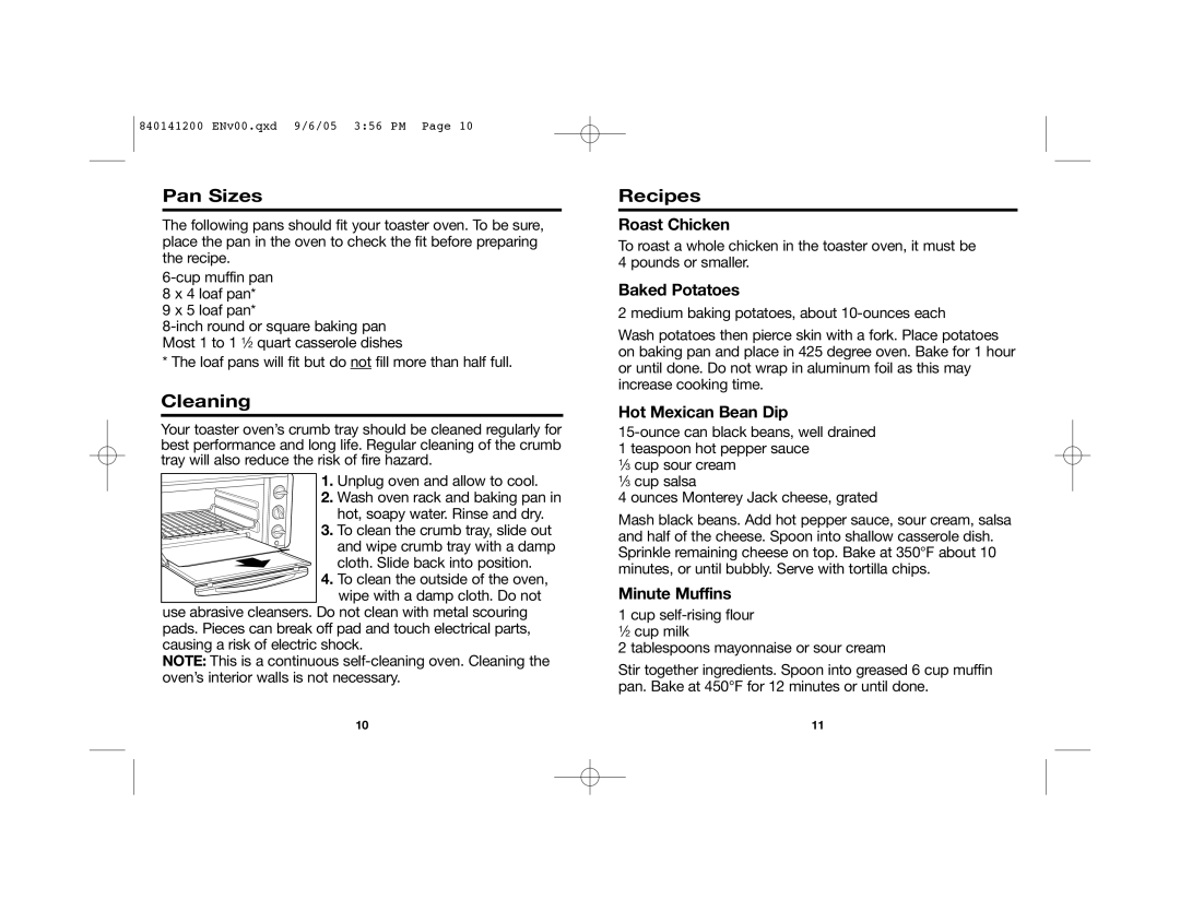 Hamilton Beach 31160 manual Pan Sizes, Cleaning, Recipes 