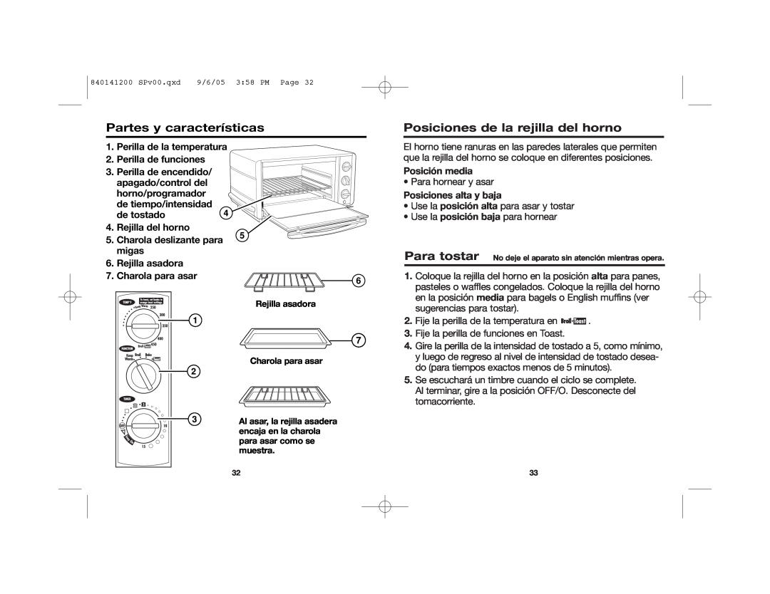 Hamilton Beach 31160 manual Partes y características, Posiciones de la rejilla del horno, Perilla de la temperatura 