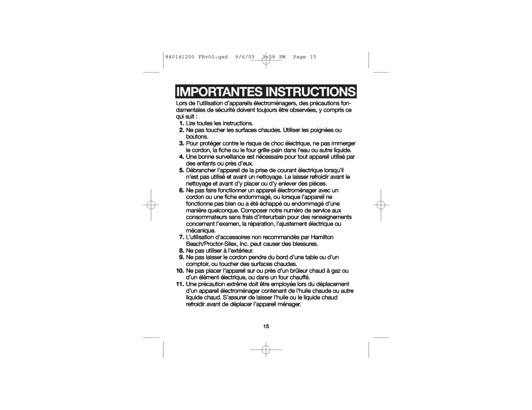 Hamilton Beach 31160 manual Importantes Instructions 