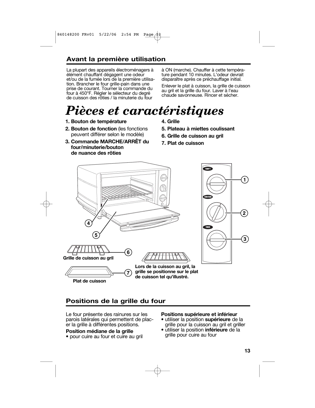 Hamilton Beach 31173, 31177 manual Pièces et caractéristiques, Avant la première utilisation, Positions de la grille du four 