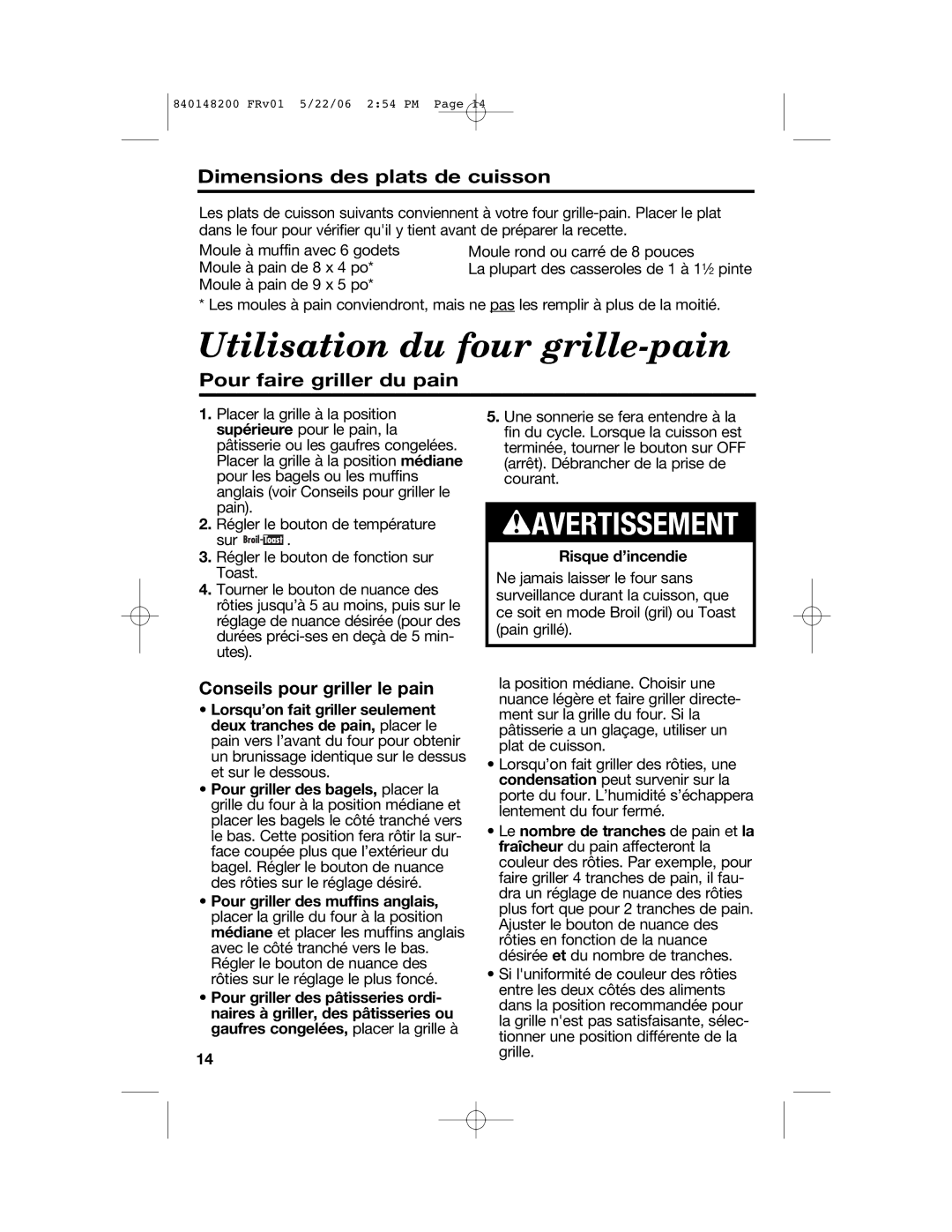 Hamilton Beach 31170, 31177 Dimensions des plats de cuisson, Pour faire griller du pain, Conseils pour griller le pain 