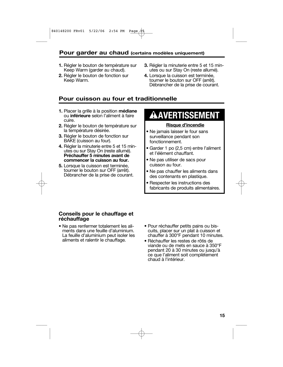 Hamilton Beach 31177, 31173, 31170 manual Pour cuisson au four et traditionnelle, Conseils pour le chauffage et réchauffage 