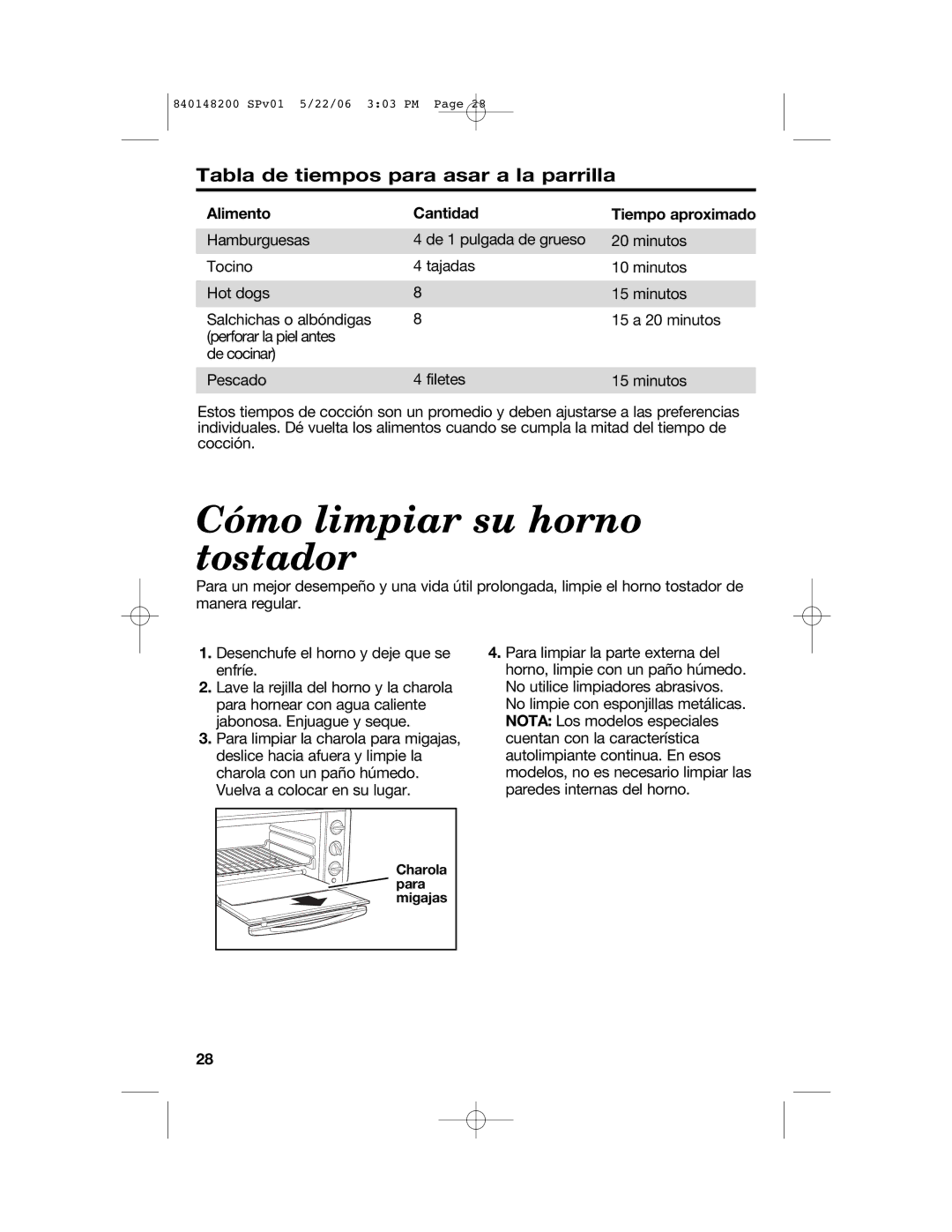 Hamilton Beach 31173, 31177 Cómo limpiar su horno tostador, Tabla de tiempos para asar a la parrilla, Alimento Cantidad 