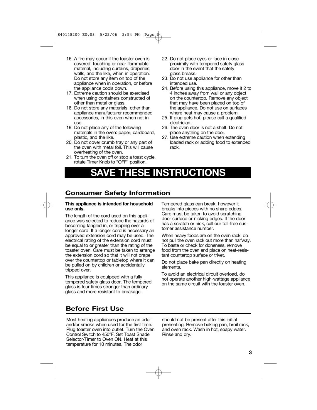 Hamilton Beach 31177 Consumer Safety Information, Before First Use, This appliance is intended for household use only 