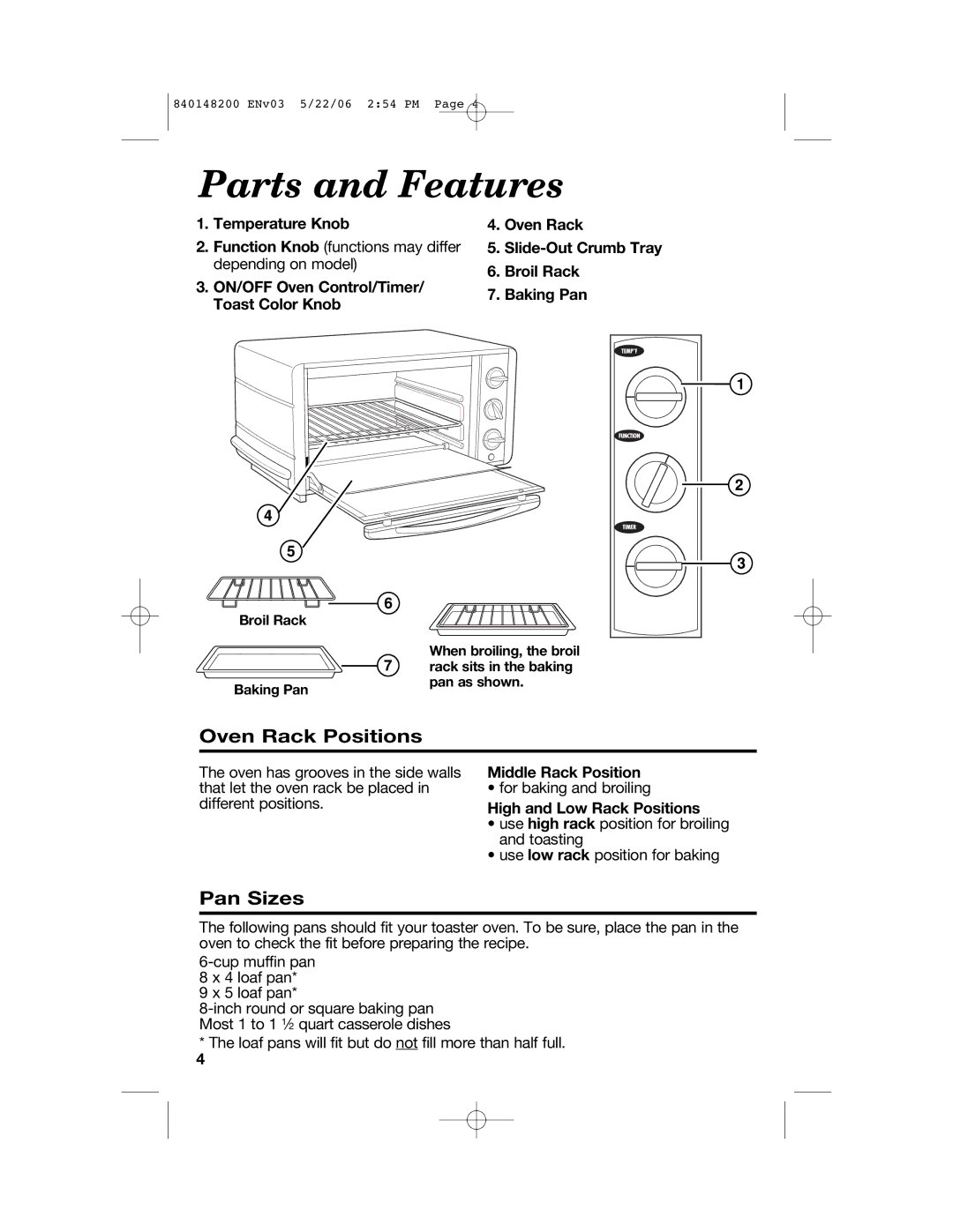 Hamilton Beach 31173, 31177, 31170 manual Parts and Features, Oven Rack Positions, Pan Sizes 