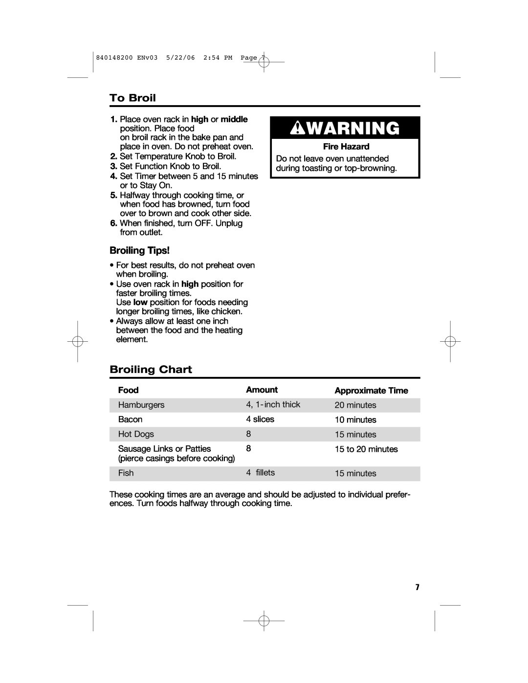 Hamilton Beach 31173, 31177 To Broil, Broiling Chart, Broiling Tips, Food, Amount, Approximate Time, wWARNING, Fire Hazard 