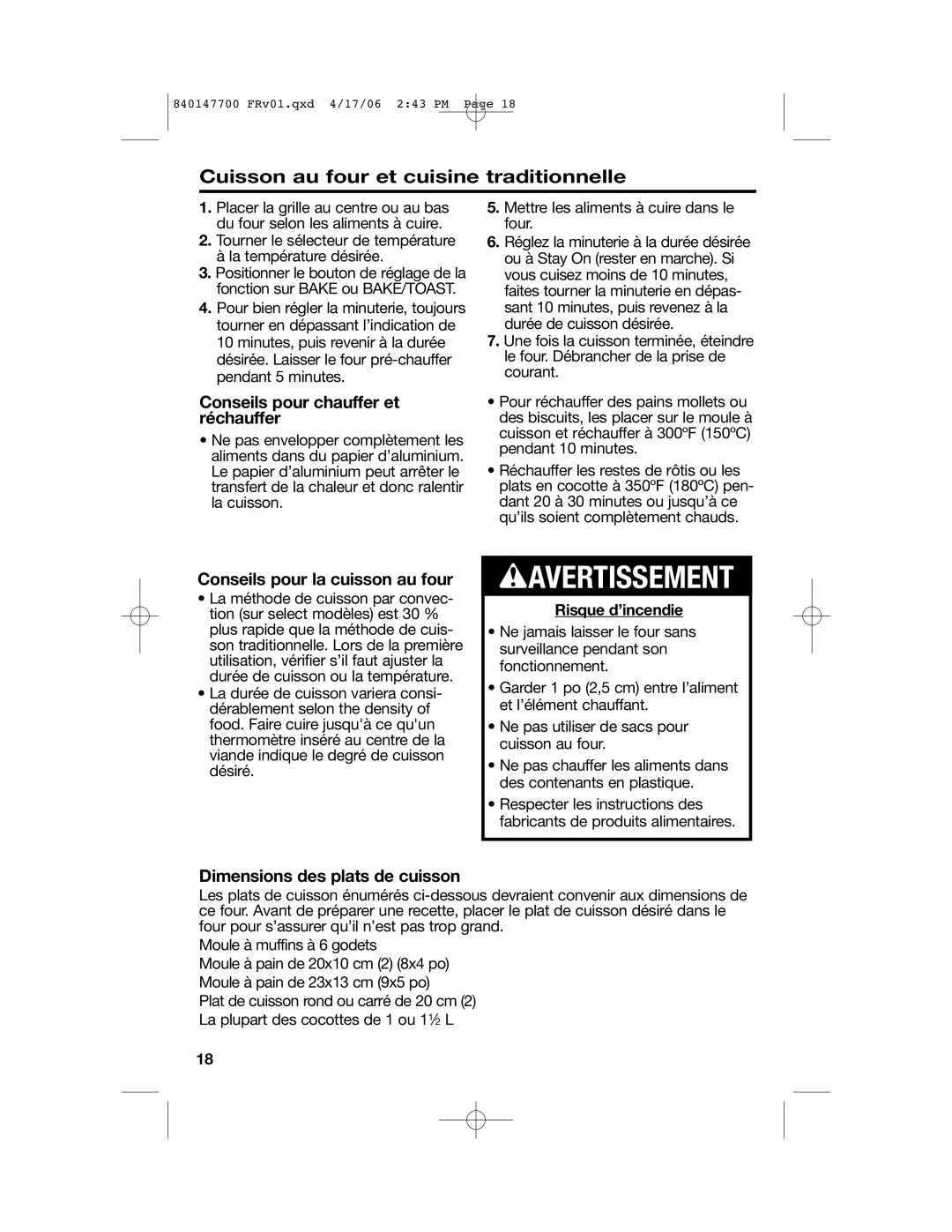 Hamilton Beach 31180 manual Cuisson au four et cuisine traditionnelle, Conseils pour chauffer et réchauffer 