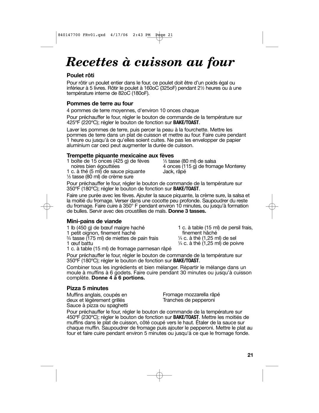 Hamilton Beach 31180 manual Recettes à cuisson au four 