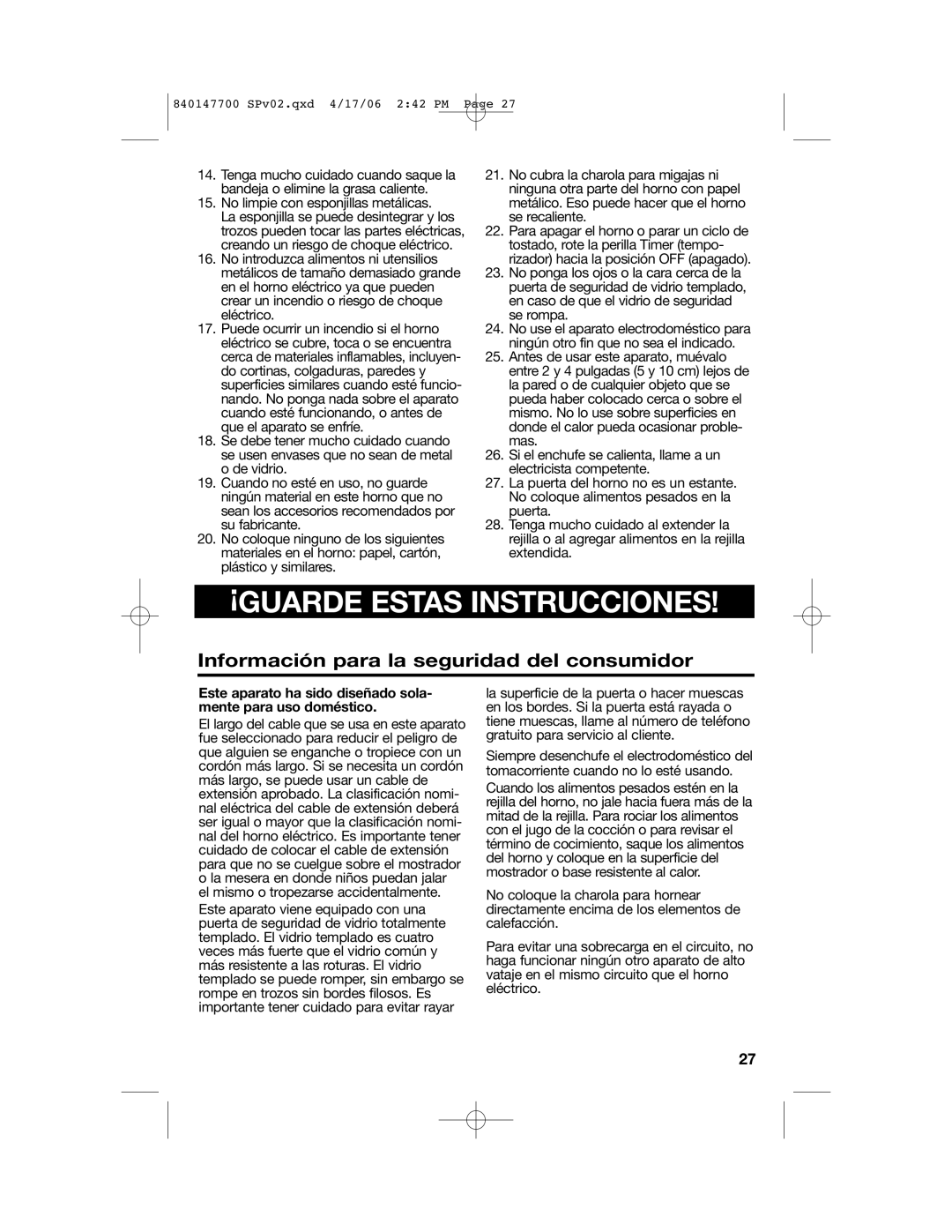 Hamilton Beach 31180 manual Información para la seguridad del consumidor, No limpie con esponjillas metálicas 