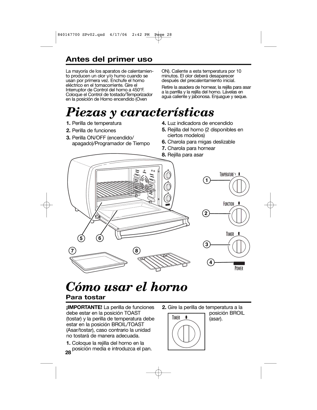 Hamilton Beach 31180 manual Piezas y características, Cómo usar el horno, Para tostar 