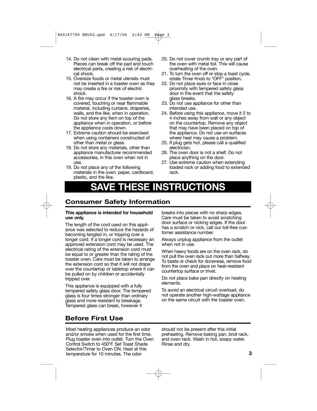 Hamilton Beach 31180 manual Consumer Safety Information, Before First Use 