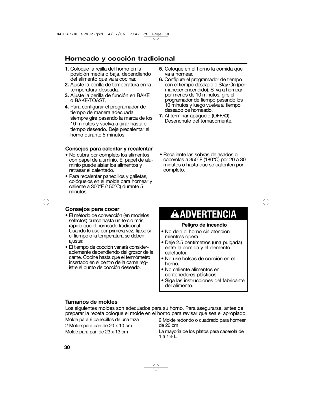 Hamilton Beach 31180 manual Horneado y cocción tradicional, Consejos para cocer, Tamaños de moldes 