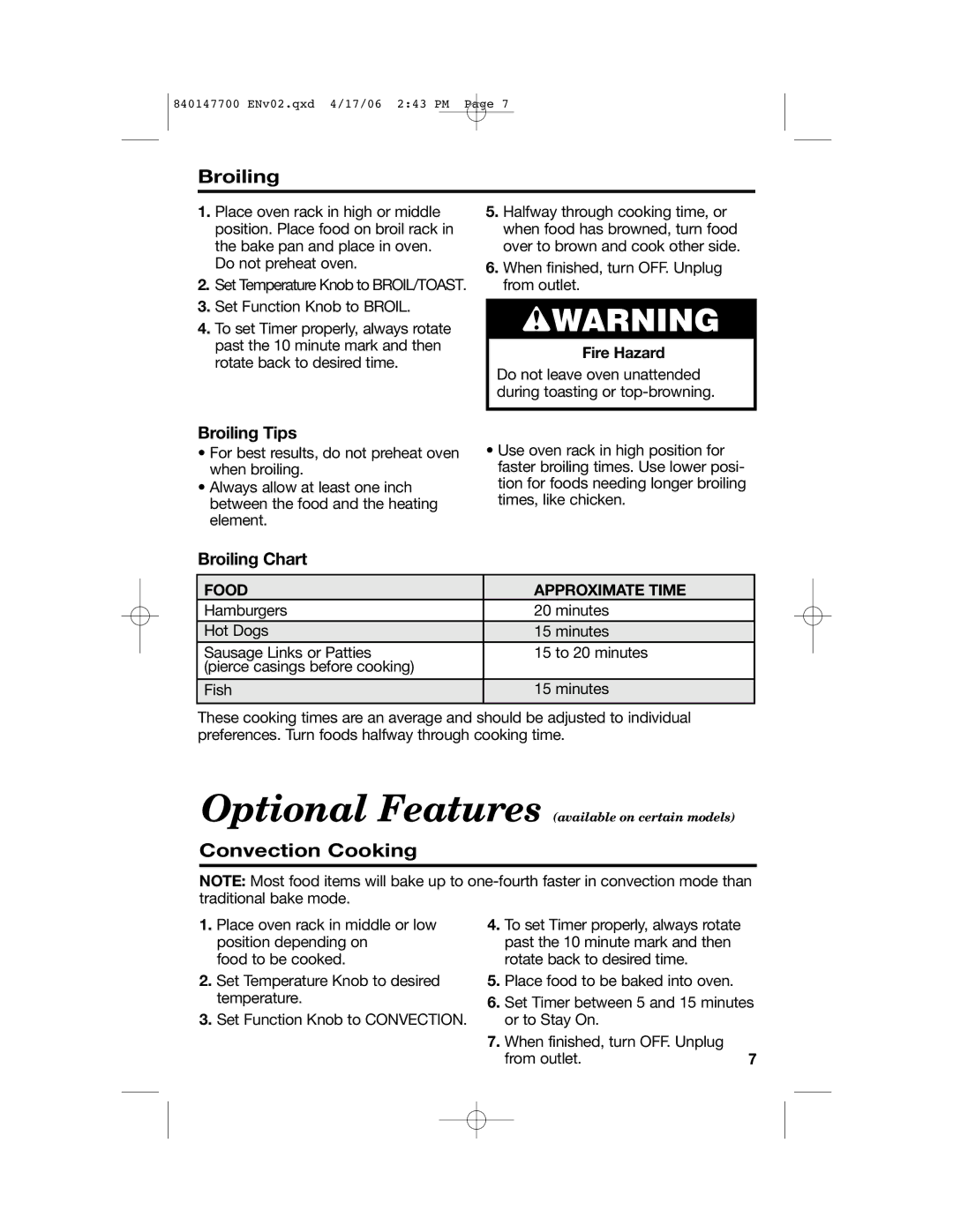 Hamilton Beach 31180 manual Convection Cooking, Broiling Tips, Broiling Chart, Food Approximate Time 