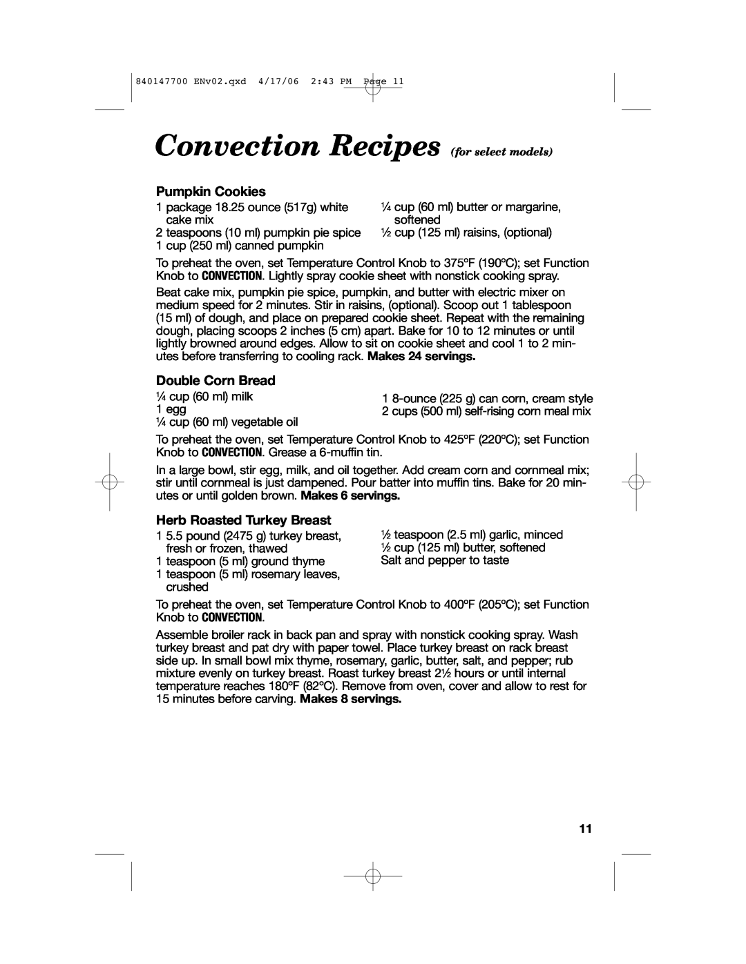 Hamilton Beach 31180 Convection Recipes for select models, Pumpkin Cookies, Double Corn Bread, Herb Roasted Turkey Breast 