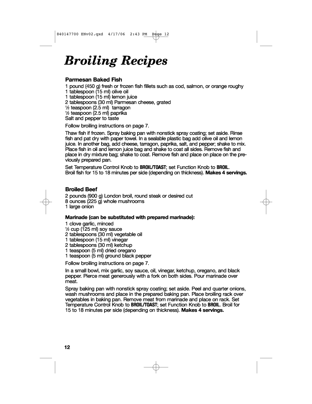 Hamilton Beach 31180 manual Broiling Recipes, Parmesan Baked Fish, Broiled Beef 