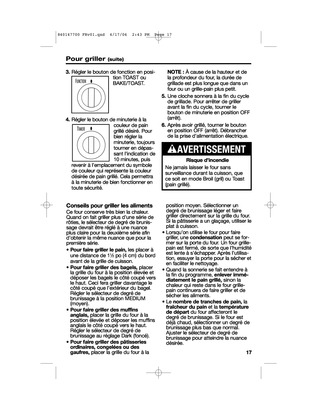Hamilton Beach 31180 manual Pour griller suite, Conseils pour griller les aliments, Risque d’incendie, wAVERTISSEMENT 