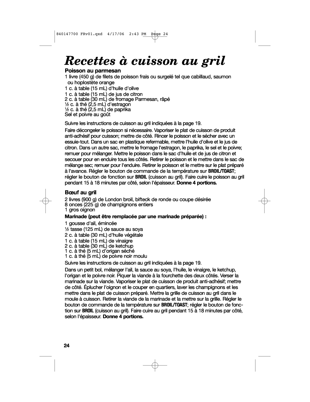 Hamilton Beach 31180 manual Recettes à cuisson au gril, Poisson au parmesan, Bœuf au gril 