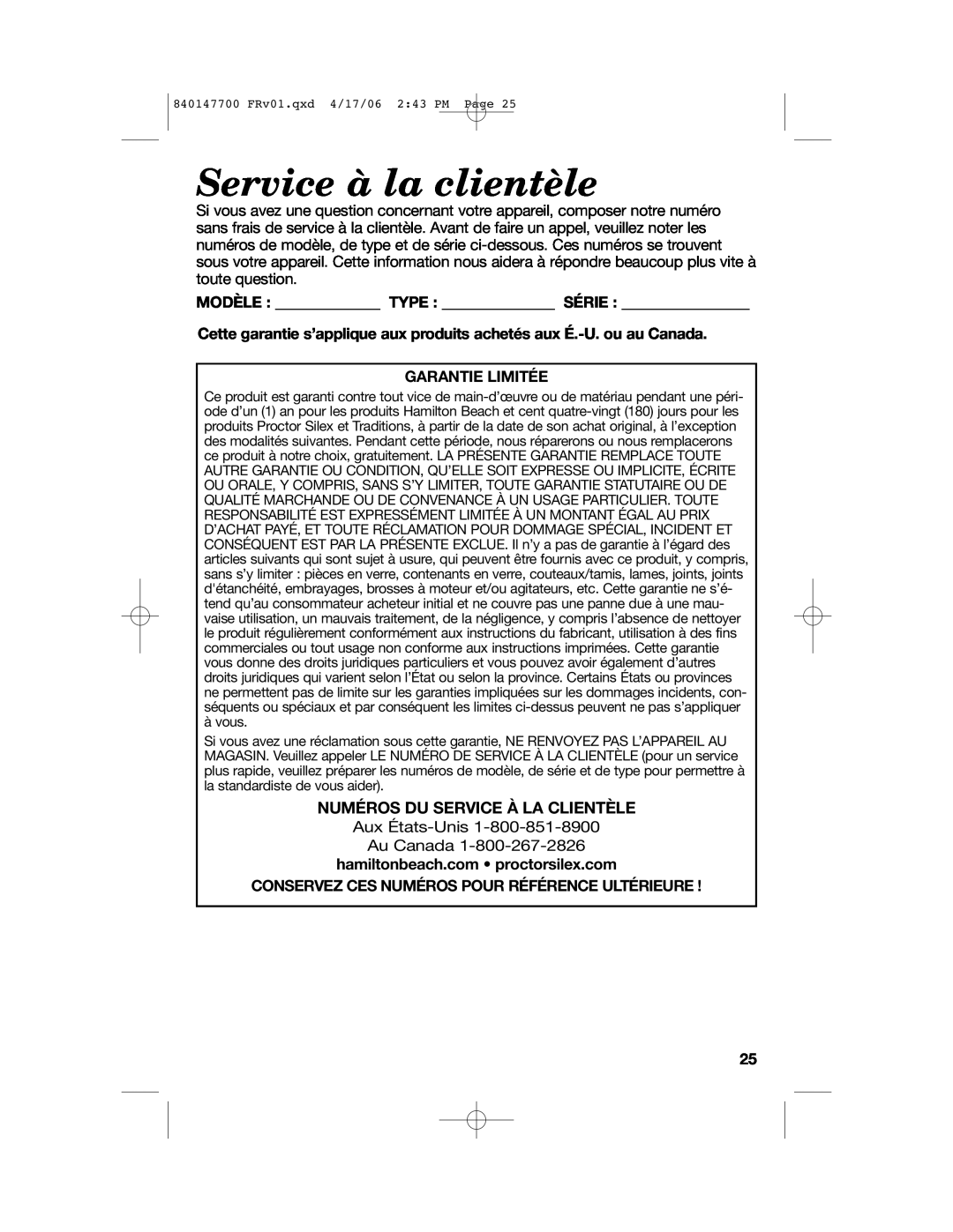 Hamilton Beach 31180 manual Service à la clientèle, Numéros Du Service À La Clientèle, Garantie Limitée 