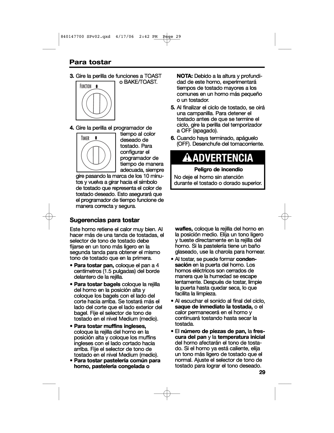 Hamilton Beach 31180 manual wADVERTENCIA, Sugerencias para tostar, Peligro de incendio, Para tostar 