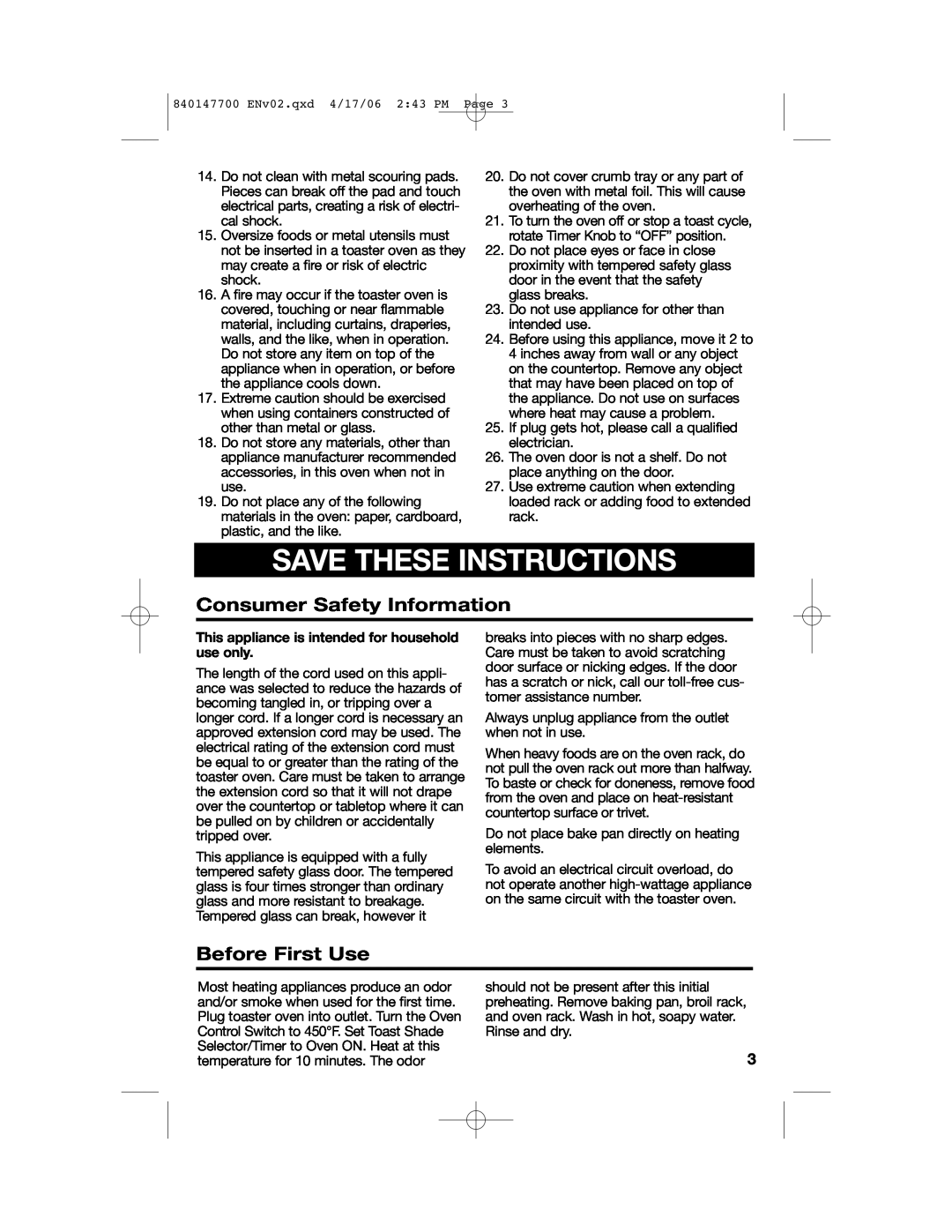 Hamilton Beach 31180 manual Save These Instructions, Consumer Safety Information, Before First Use 