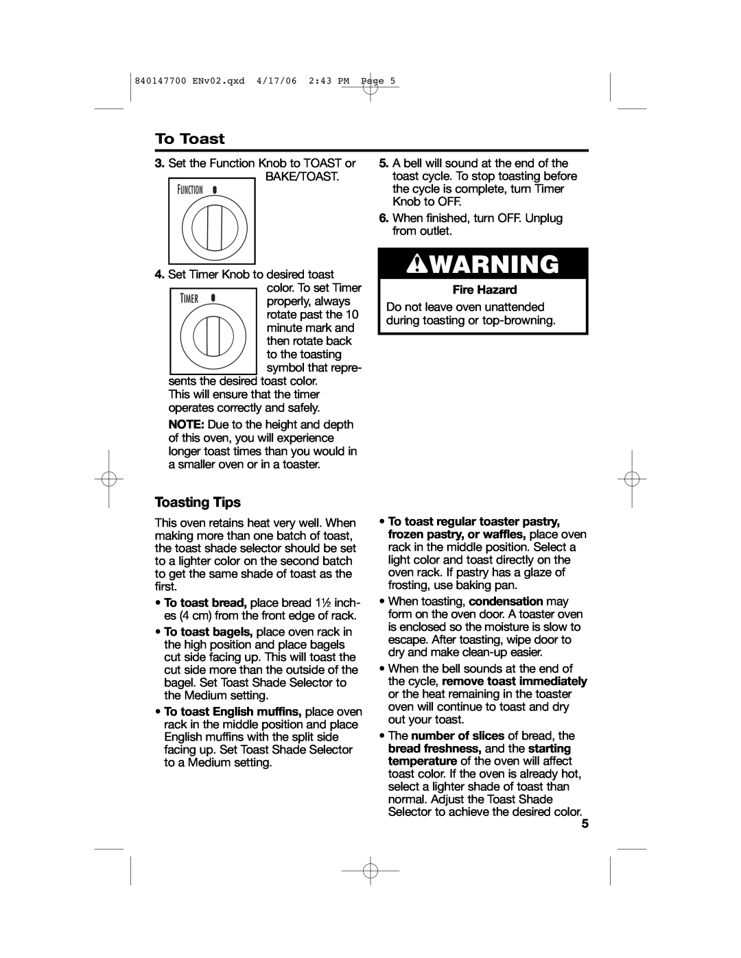 Hamilton Beach 31180 manual Toasting Tips, Fire Hazard, wWARNING, To Toast 