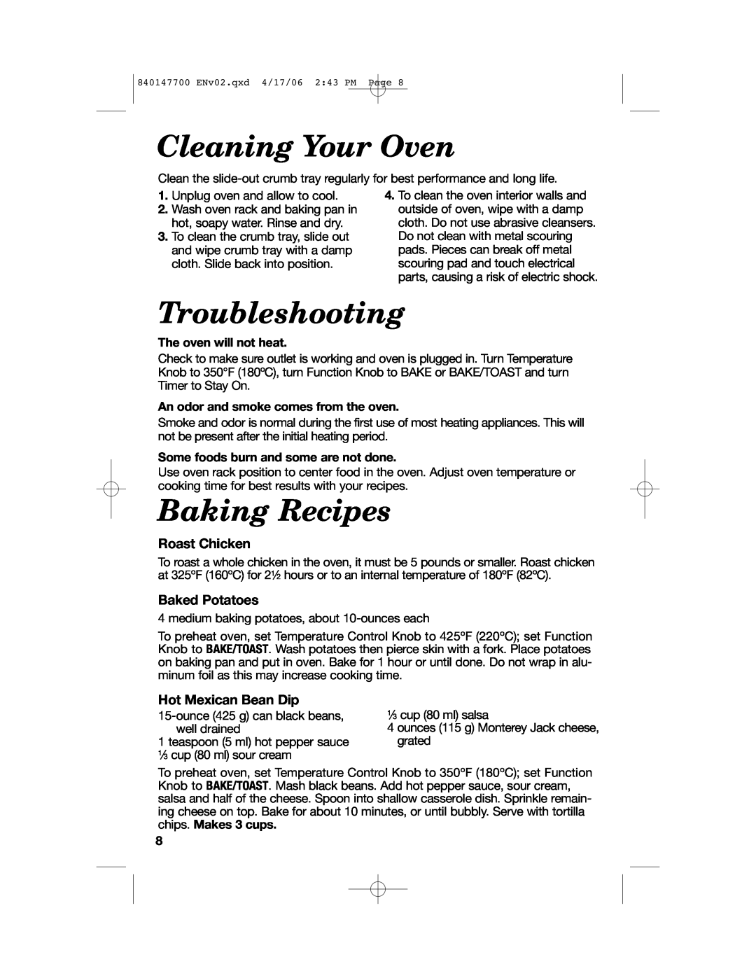 Hamilton Beach 31180 manual Cleaning Your Oven, Troubleshooting, Baking Recipes, Roast Chicken, Baked Potatoes 