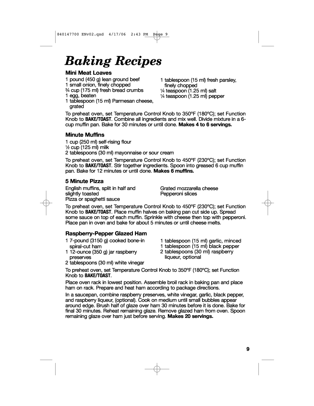 Hamilton Beach 31180 manual Mini Meat Loaves, Minute Muffins, Minute Pizza, Raspberry-PepperGlazed Ham, Baking Recipes 