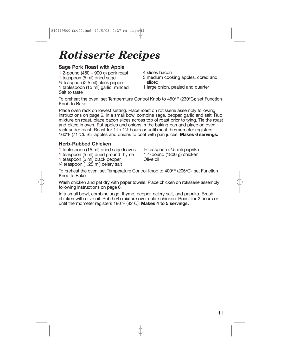 Hamilton Beach 31195 manual Rotisserie Recipes, Sage Pork Roast with Apple, Herb-Rubbed Chicken 