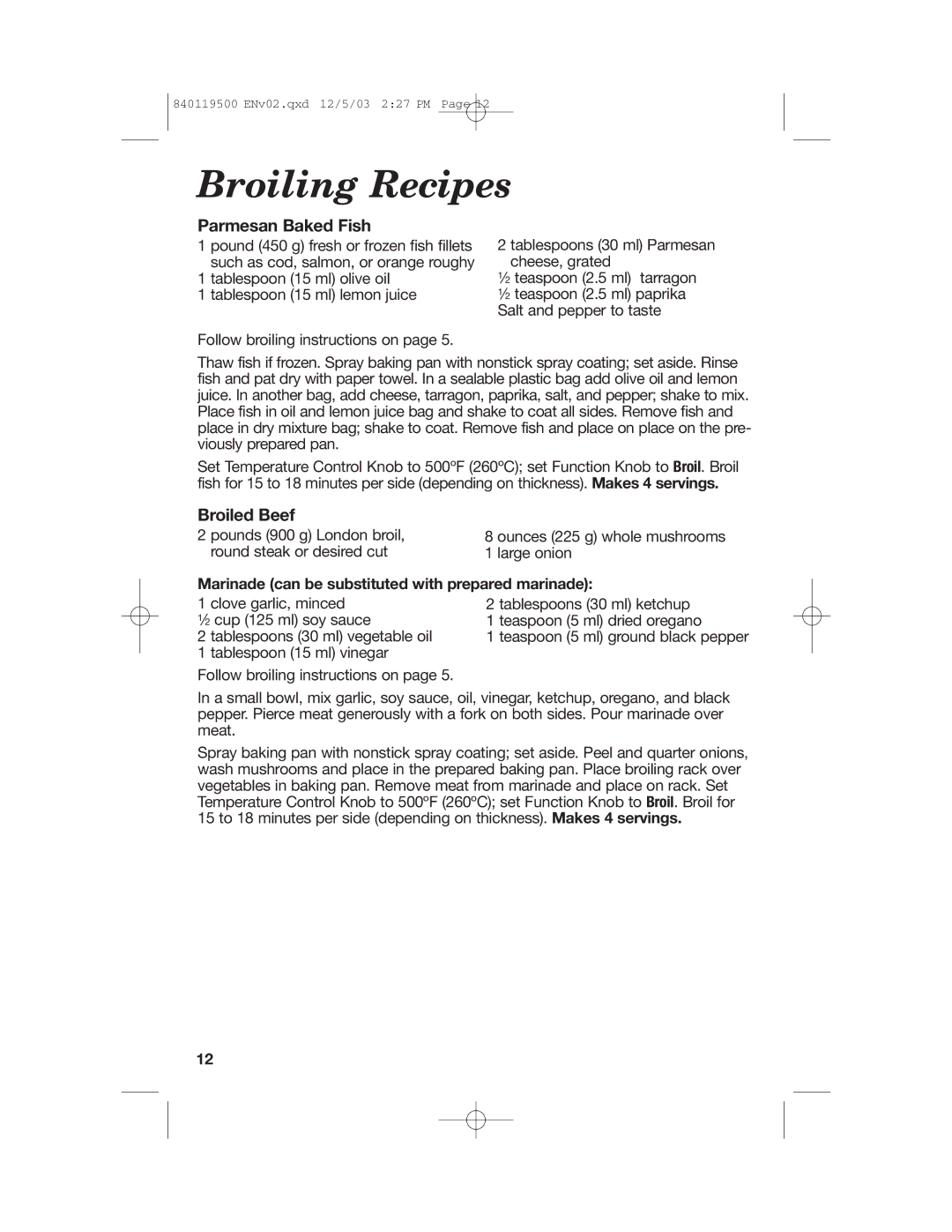 Hamilton Beach 31195 manual Broiling Recipes, Parmesan Baked Fish, Broiled Beef 