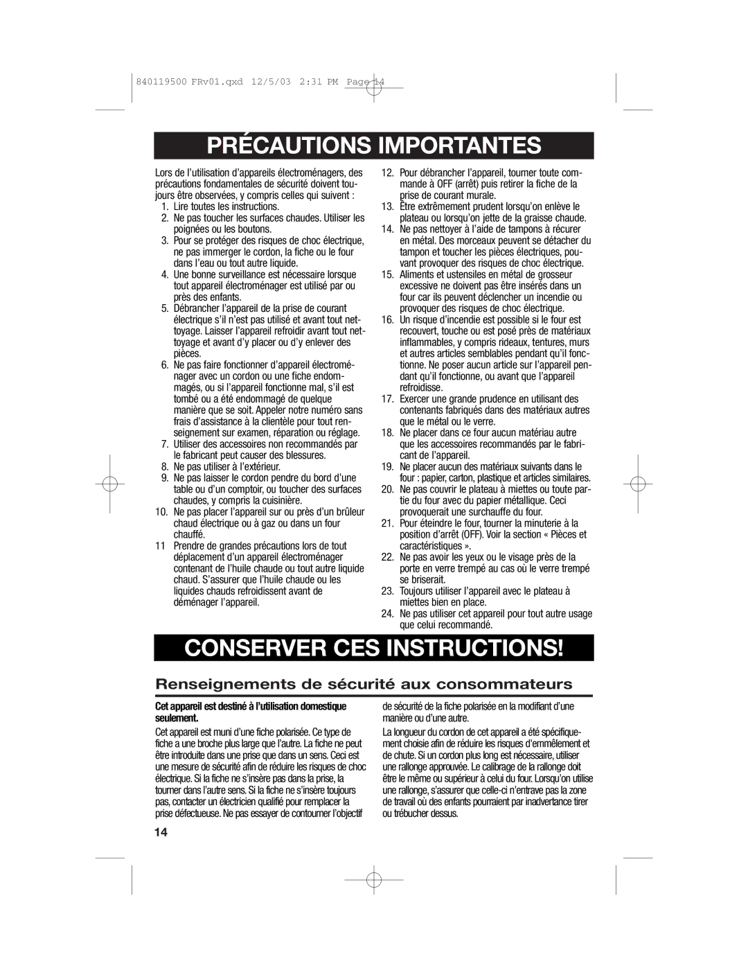 Hamilton Beach 31195 manual Précautions Importantes, Renseignements de sécurité aux consommateurs 