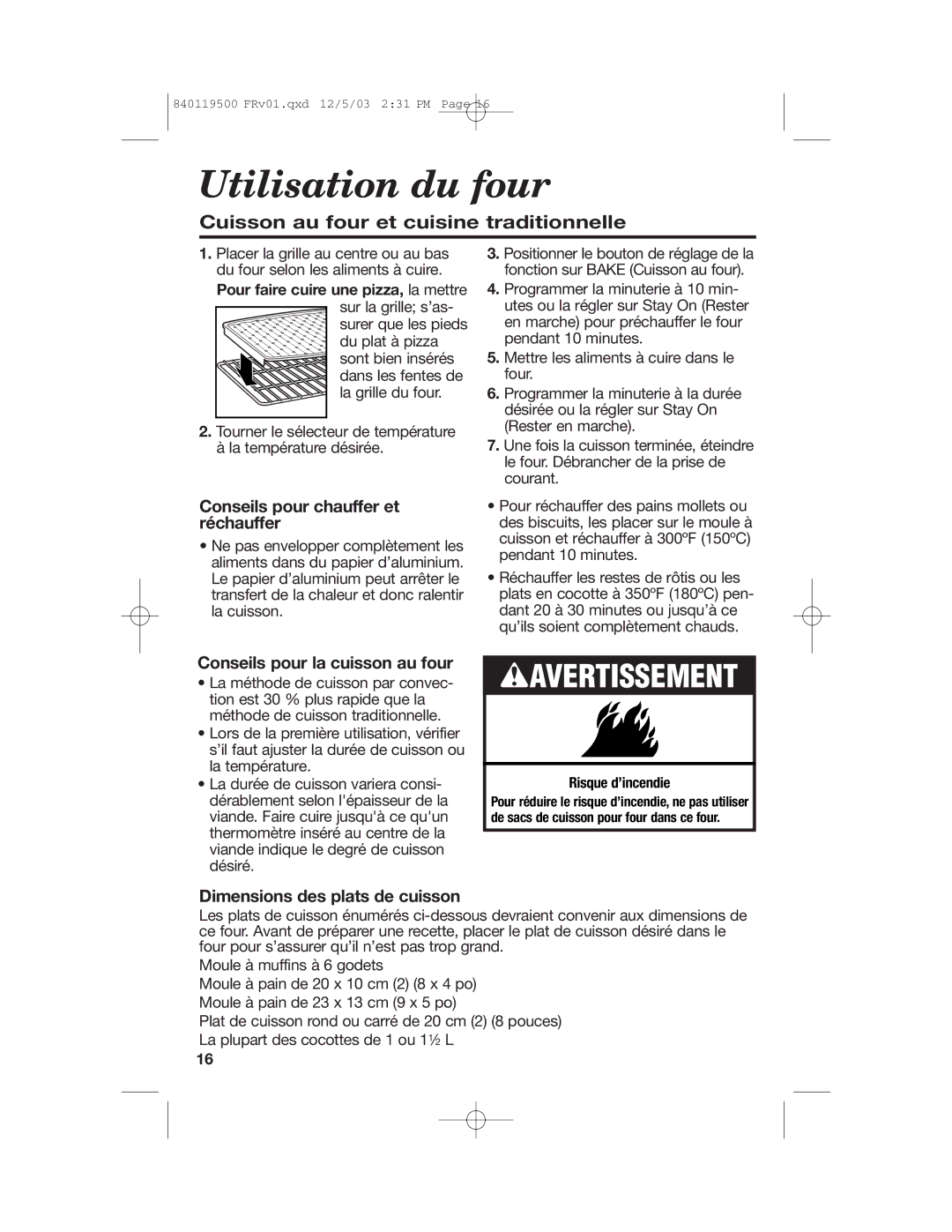 Hamilton Beach 31195 Utilisation du four, Cuisson au four et cuisine traditionnelle, Conseils pour chauffer et réchauffer 