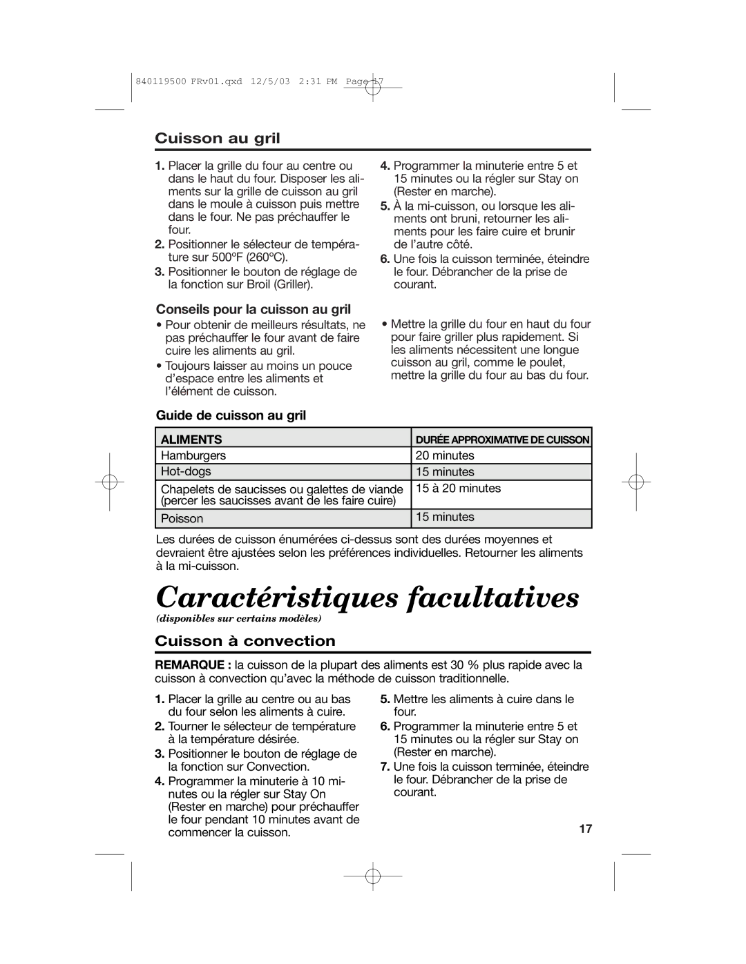 Hamilton Beach 31195 manual Caractéristiques facultatives, Cuisson au gril, Cuisson à convection, Guide de cuisson au gril 