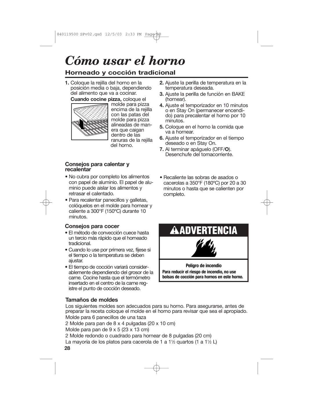 Hamilton Beach 31195 manual Cómo usar el horno, Horneado y cocción tradicional, Consejos para calentar y recalentar 