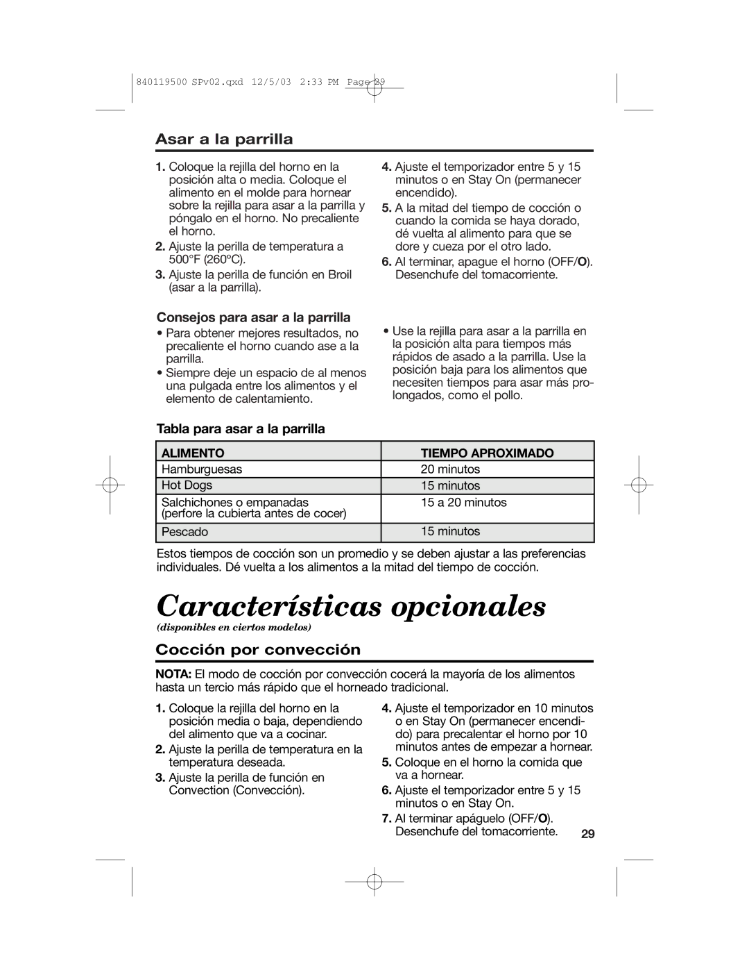 Hamilton Beach 31195 Características opcionales, Asar a la parrilla, Cocción por convección, Tabla para asar a la parrilla 