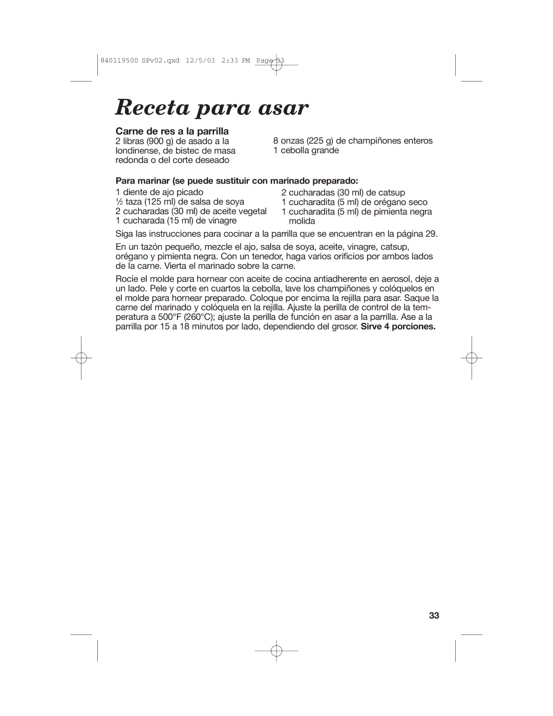 Hamilton Beach 31195 Receta para asar, Carne de res a la parrilla, Para marinar se puede sustituir con marinado preparado 