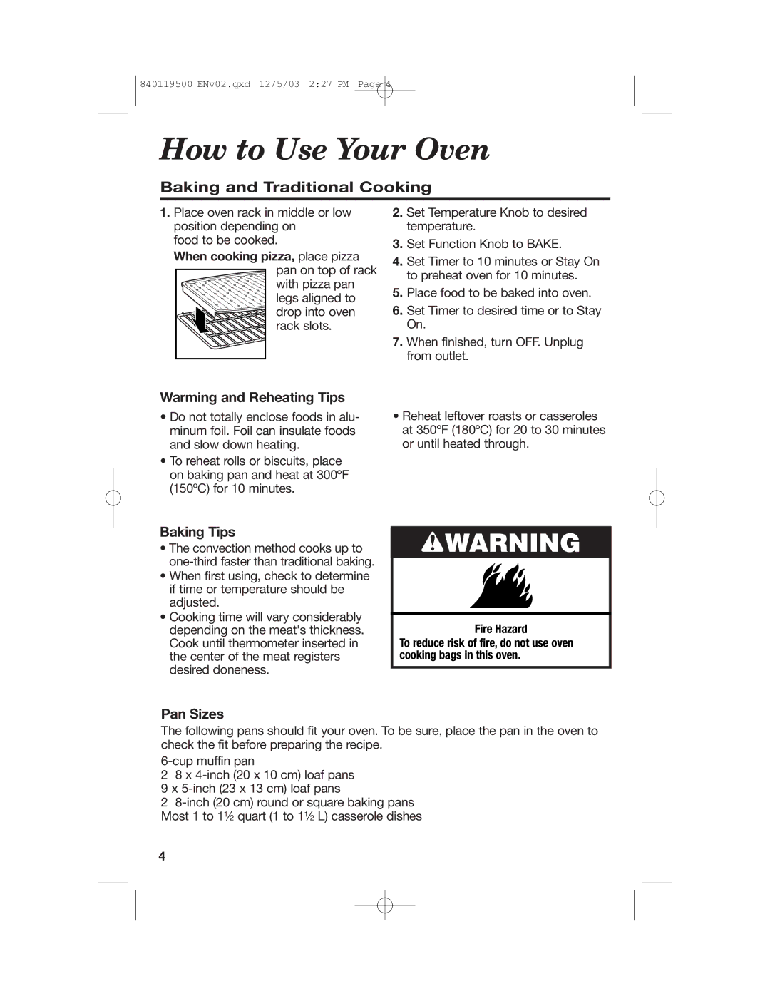 Hamilton Beach 31195 manual How to Use Your Oven, Baking and Traditional Cooking, Warming and Reheating Tips, Baking Tips 